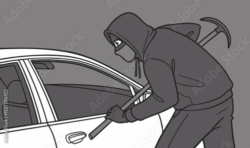 Burglar breaking car window with crowbar in dark hoodie and mask illustration for security awareness and crime prevention concept