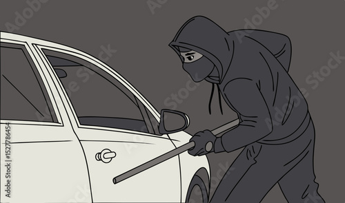Burglar breaking car window with crowbar in dark hoodie and mask illustration for security awareness and crime prevention concept