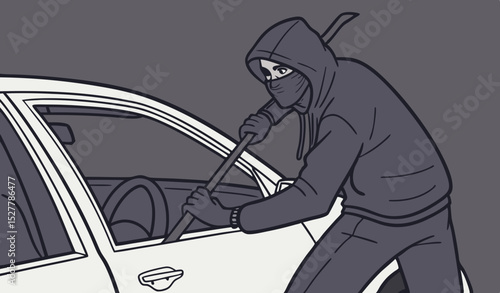 Burglar breaking car window with crowbar in dark hoodie and mask illustration for security awareness and crime prevention concept