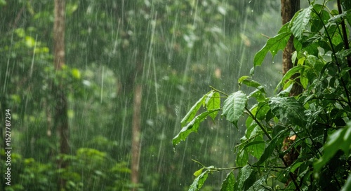 Fototapeta Naklejka Na Ścianę i Meble -  Lush green forest with heavy rain and water droplets on leaves, conveying freshness and natural beauty