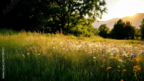 Scenic mountain meadow with wildflowers at sunset, golden light filters through trees and illuminates tall grass in a serene nature scene