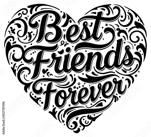 Best friends forever heart graphic design. Stylish black and white decorative heart shape filled with the phrase "Best Friends Forever".