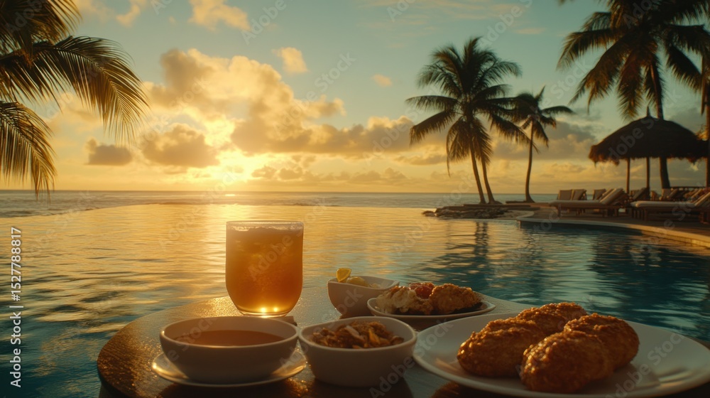 Obraz premium Tropical sunset poolside meal