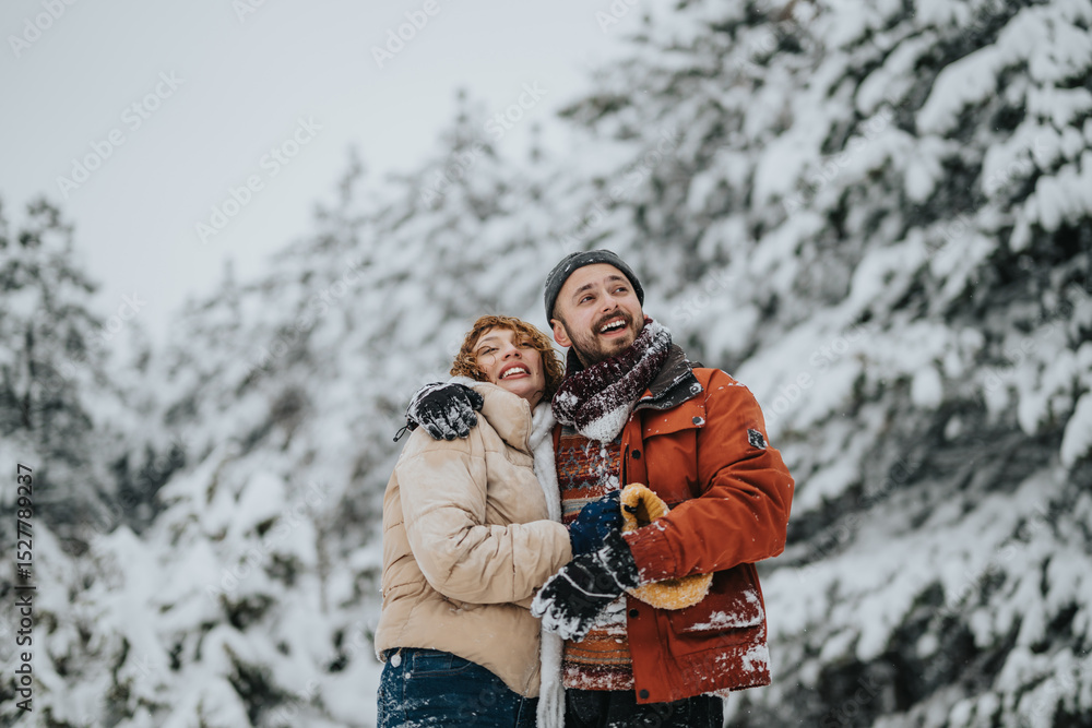 A happy couple wearing cozy winter clothes, embracing amidst a snow-covered forest, sharing smiles and joy while enjoying the picturesque winter setting. A happy couple wearing cozy winter clothes, embracing amidst a snow-covered forest, sharing smiles and joy while enjoying the picturesque winter setting.