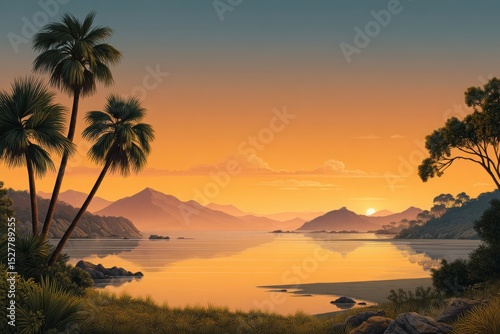 Serene sunset over coastal mountains and palm trees