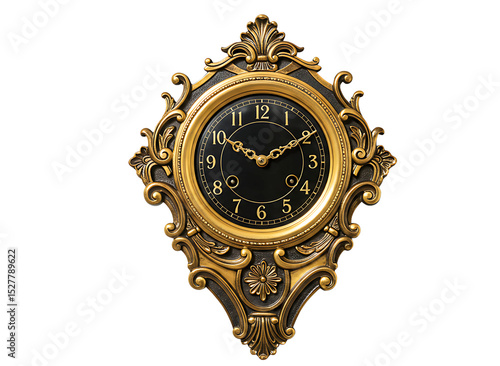 Antique gold ornate wall clock isolated on transparent background
