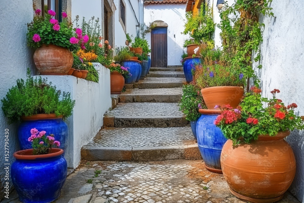 Naklejka premium Charming Medieval Village of Obidos, Portugal, Featuring Colorful Flowers and Cobblestone Streets