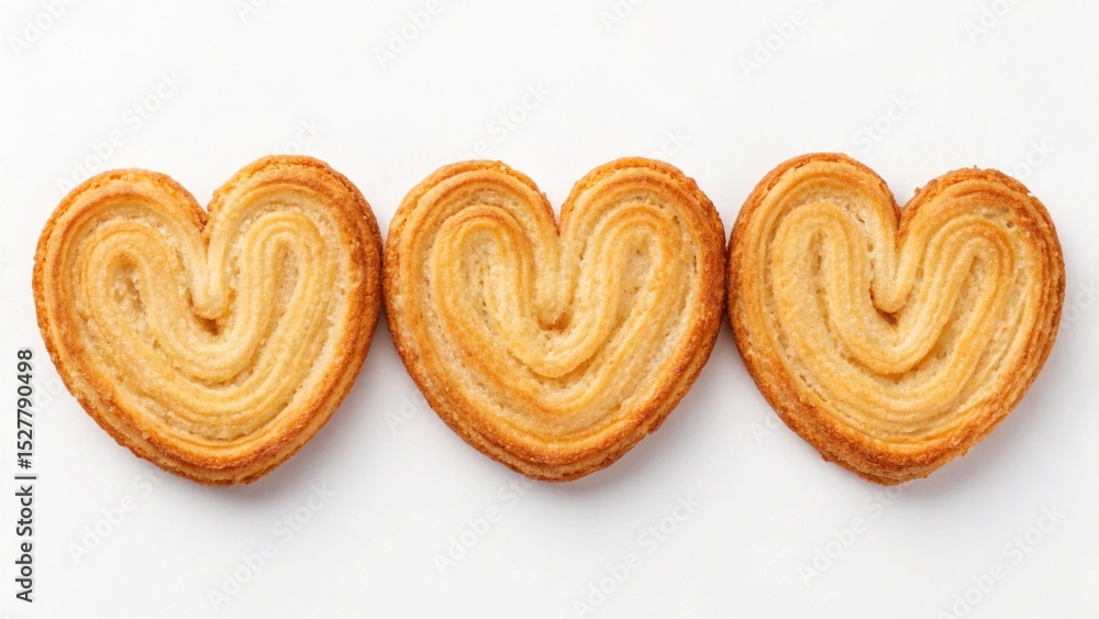 Fototapeta premium Three perfectly baked Palmiers, also known as palm biscuits or elephant ear cookies, are arranged in a horizontal line on a clean, minimalist white background