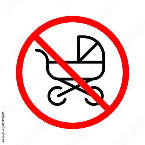 No baby strollers line icon. No Strollers Allowed Sign. Baby Stroller or Pram icon with a red diagonal line across it inside a red circle. Editable stroke. Vector