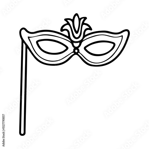 Masquerade mask with holder. Hand drawn doodle vector. Secret face. Carnival costume accessory. Festival decoration. Retro party. Fashion, vintage style. Illustration line art element.