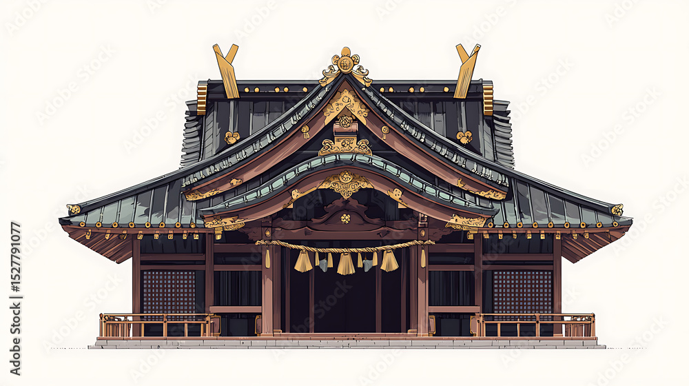 Fototapeta premium A pixel-art depiction of a traditional Japanese shrine, featuring a multi-tiered dark roof with gold accents and a simple, elegant structure.