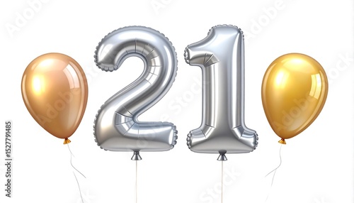 Happy twenty first birthday party balloons silver and gold celebration backdrop decorations event generative ai 