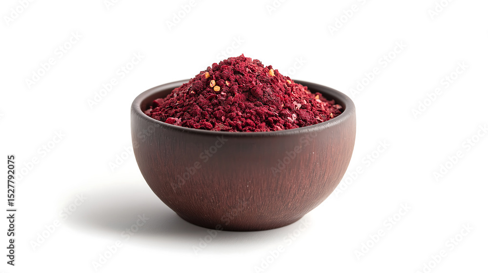 Dried red chili powder in wooden bowl on white background Dried red chili powder in wooden bowl on white background