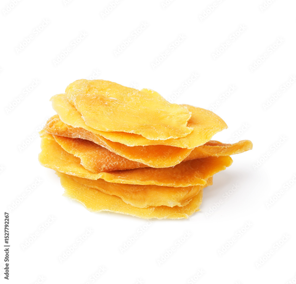 Many slices of tasty dried mango on white background Many slices of tasty dried mango on white background