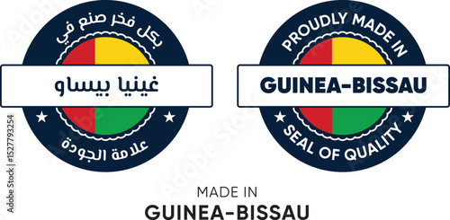 Made in Guinea-Bissau. Premium labels English and Arabic, stickers, pointer, badge and symbol of Guinea-Bissau flag icon. Collection vector illustration