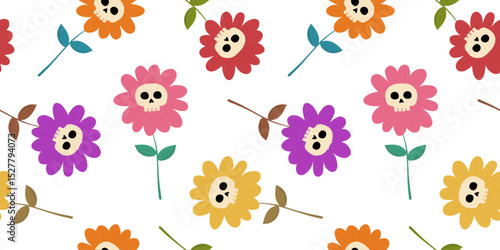 colorful skull flowers seamless pattern white background dia de los muertos cinco de mayo celebration festive