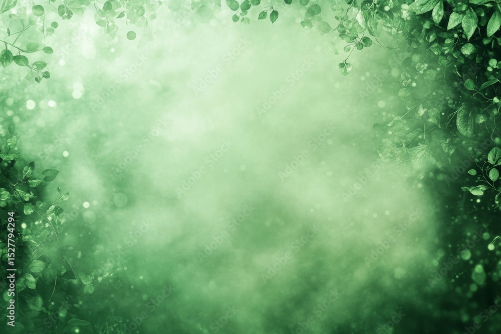 Obraz premium Gentle Green Background with Soft Bokeh and Leafy Border for Calming and Serene Design Projects