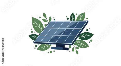 Simple vector illustration of a solar panel surrounded by green leaves and dots