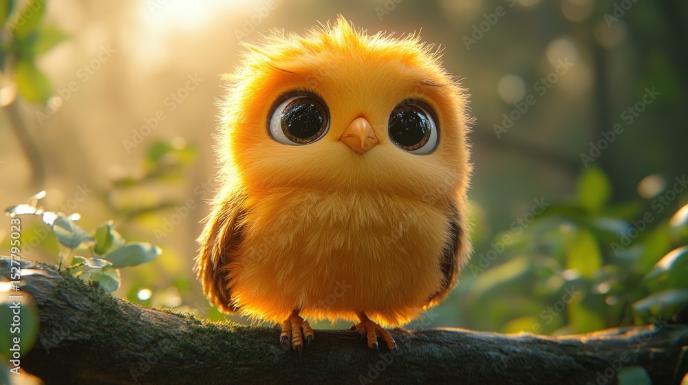 Cute, fluffy, yellow bird perched on a branch Cute, fluffy, yellow bird perched on a branch