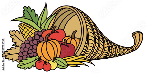 Cornucopia overflowing with autumn fruits, vegetables, and grains, a symbol of abundance and Thanksgiving.