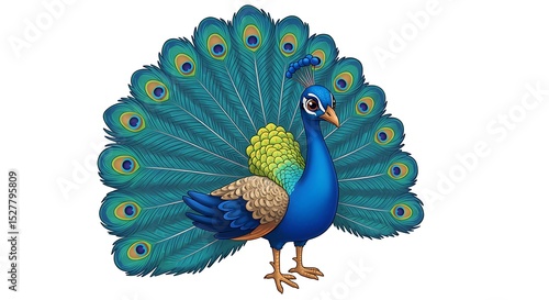 Cartoon peacock with tail feathers isolated on white background