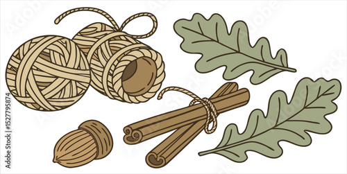 Autumnal still life with twine balls, cinnamon sticks, an acorn, and oak leaves, evoking the scents and textures of fall.