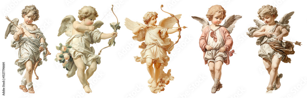 Fototapeta premium PNG Vintage cherubs with bows, element set on transparent background