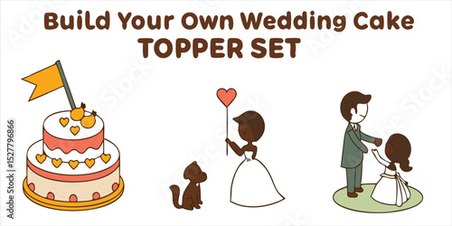 Customizable wedding cake topper set with various elements, including a cake, figurines, a cat, and decorative accessories.