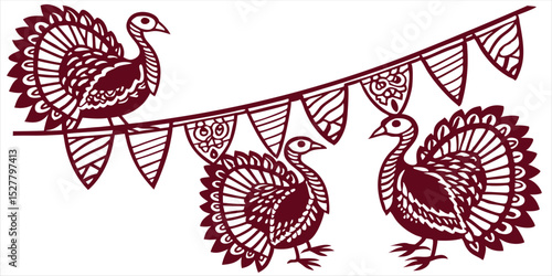 Three decorative turkeys with patterned feathers, perched on and beside a string of festive flags, ideal for Thanksgiving, fall celebrations, or harvest-themed designs.
