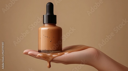 Brown liquid foundation drips from bottle onto hand