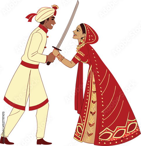 Indian wedding couple bride groom traditional attire sword ceremony illustration