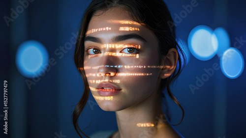 Young woman with flowing orange code projected on her face standing against a softly glowing blue background with blurred light spots giving a futuristic and contemplative mood