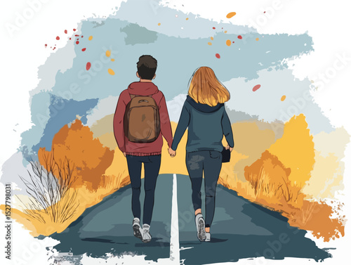 couple on road vector art
