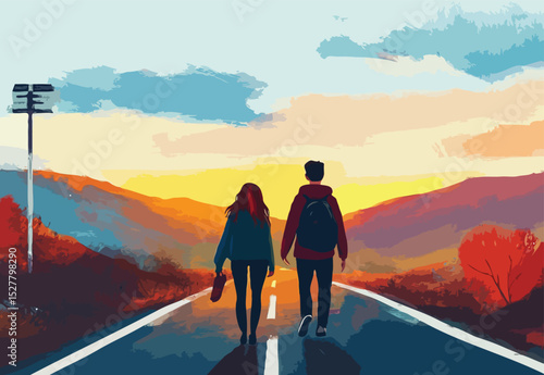 couple on road vector art