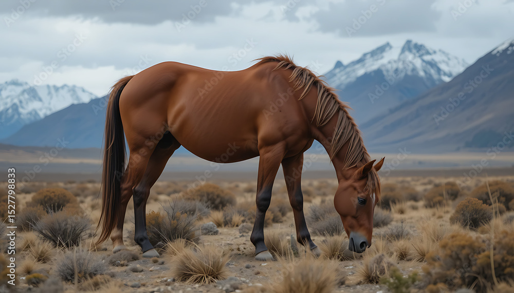 Obraz premium An ultrimage of a Criollo horse grazing in the Patagonian lowlands of South America.