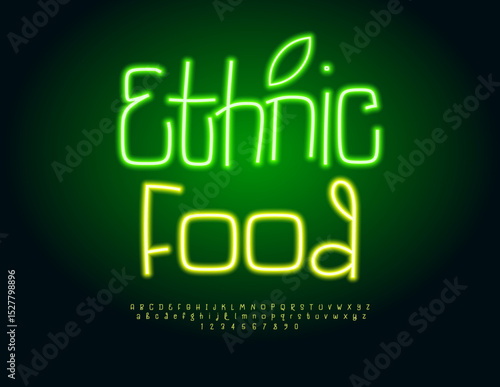 Vector Eco concept Ethnic Food. Funny Glowing Font. Neon Alphabet Letters and Numbers set.