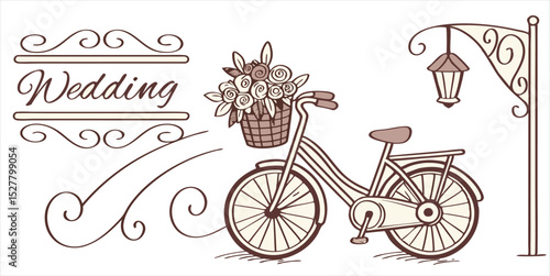 Charming vintage bicycle adorned with flowers, perfect for wedding invitations or romantic designs.