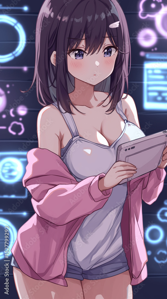 Stylish Anime Girl with Tech Vibes Stylish Anime Girl with Tech Vibes