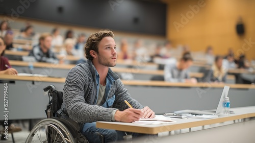College Student in Wheelchair Taking Notes in Lecture Hall – Great for Accessibility and Higher Education Themes