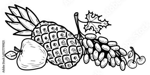 Fruit still life. Hand drawn doodle vector. Juicy pineapple. Sweet grapes, apple, cherry. Summer berry dessert. Fresh organic food. Farm harvest. Seasonal vitamins. Illustration line art element.