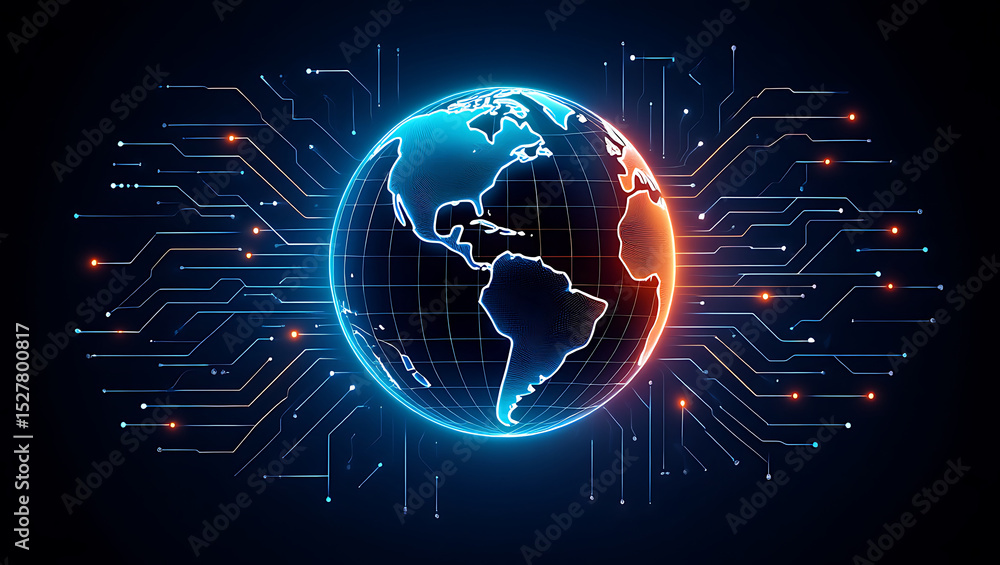 Fototapeta premium Digital globe surrounded by circuit board lines illustrating global technology and connections
