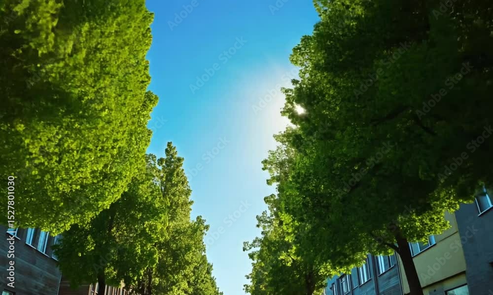 Lush trees frame buildings under a bright sky Lush trees frame buildings under a bright sky