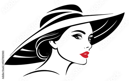 Elegant woman in a stylish hat with red lips , vector beauty woman logo.