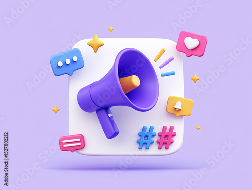 3D Render of Purple Megaphone with Social Media Icons