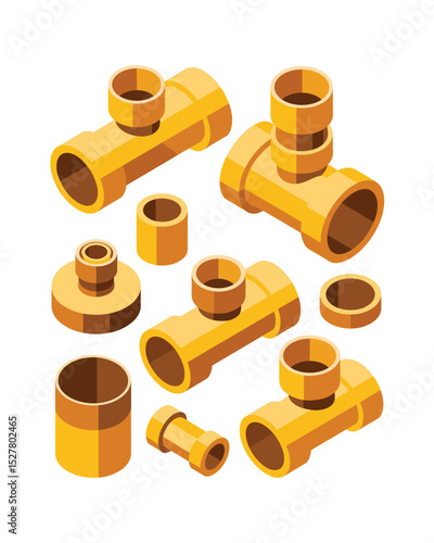 Isometric illustration of pvc pipe fittings