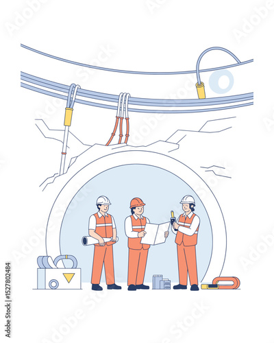 Tunnel construction workers reviewing plans
