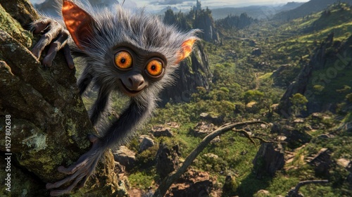 Cute monkey character on a rocky cliff, surrounded by a lush landscape