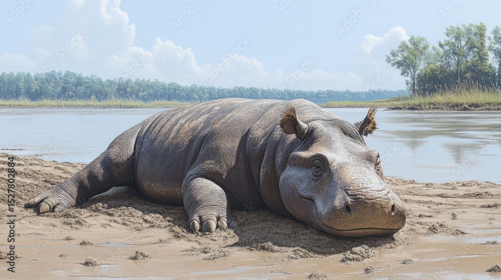 Obraz premium Prehistoric hippopotamus resting by river