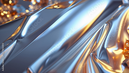 Abstract silver metallic fabric with golden bokeh festive festive background reflection