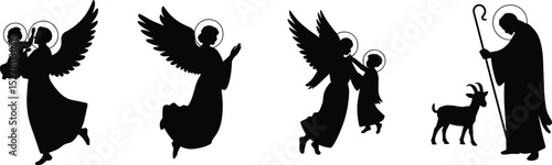 Divine Silhouettes: Angels, Shepherds, and the Nativity Scene in Black and White Art flat vector illustration